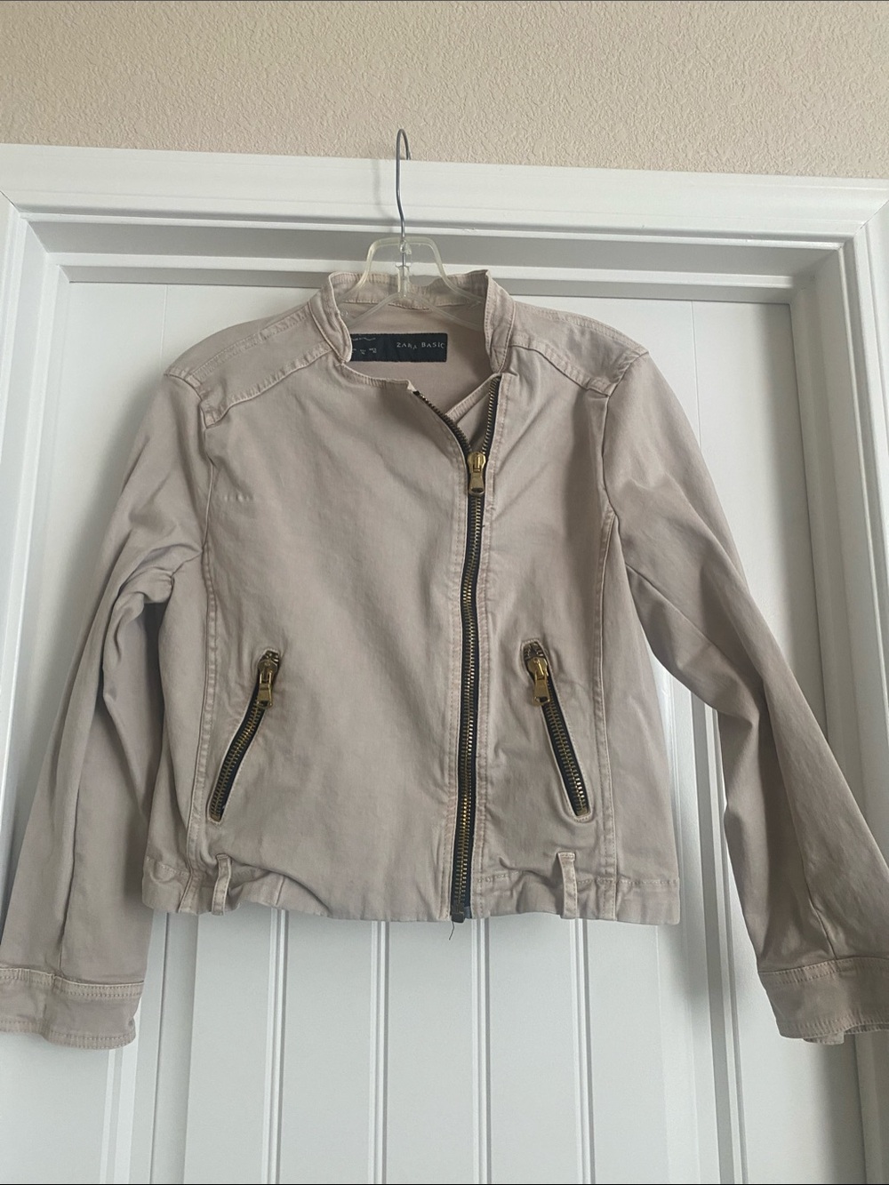 Zara Light Beige Women's Bomber Jacket with Gold Zippers